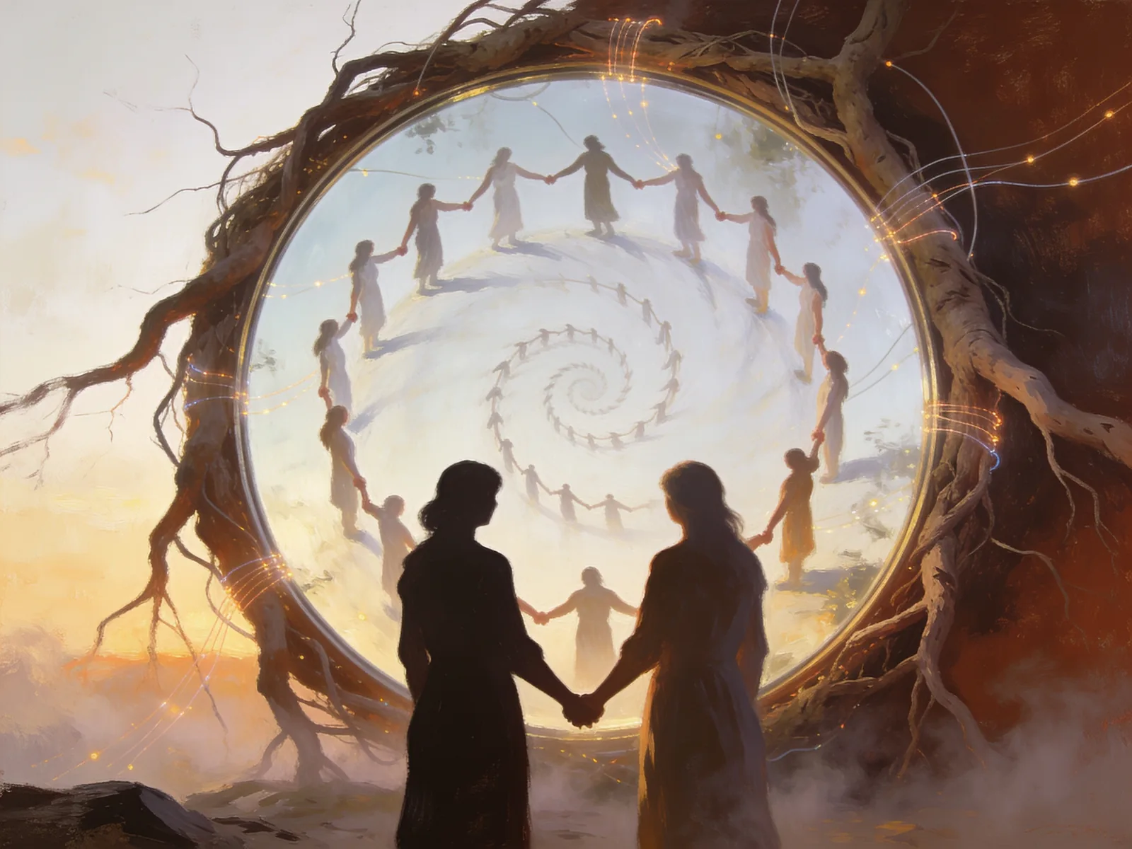 Mystical digital artwork depicting two silhouetted figures standing hand-in-hand in the foreground, gazing into a massive glowing circular portal framed by gnarled, twisted branches. Within the portal, dozens of figures in flowing white garments hold hands in a spiral formation, creating an endless chain that winds inward. Golden light and energy trace along the branches’ edges. The background shows a hazy, dreamlike landscape in warm earth tones and mist. The overall composition conveys themes of connection, unity, collective consciousness, and transcendence—a gateway between worlds bound by love and human connection.