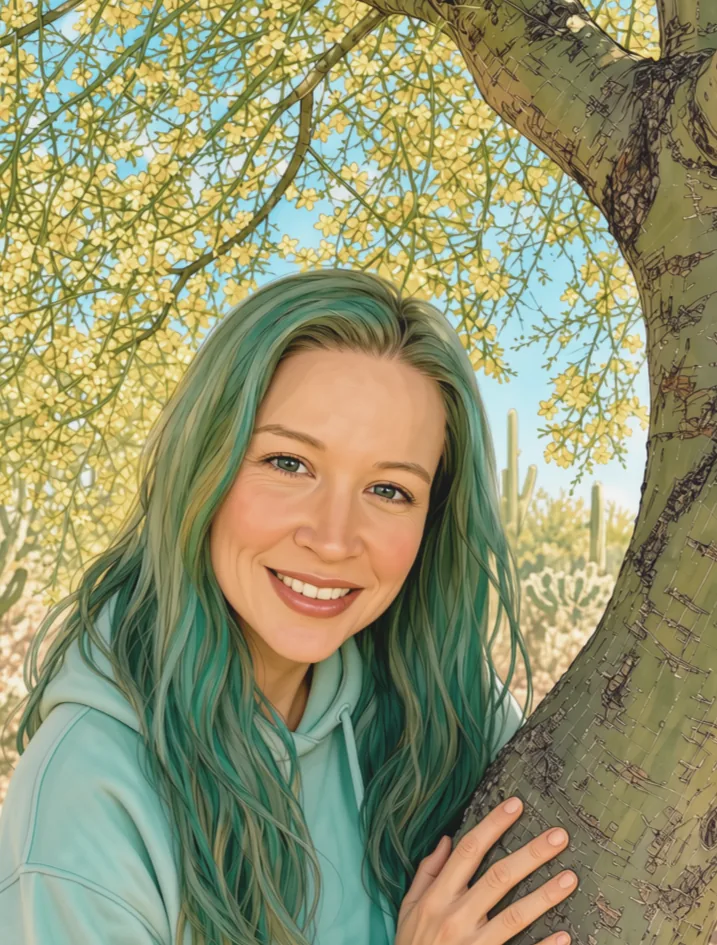 An illustrated portrait of Lauren L. Davenport, smiling, with long teal-green hair and a pale blue-green sweatshirt, her hand on the green trunk of a palo verde in yellow bloom. Saguaro and desert scrub behind her.