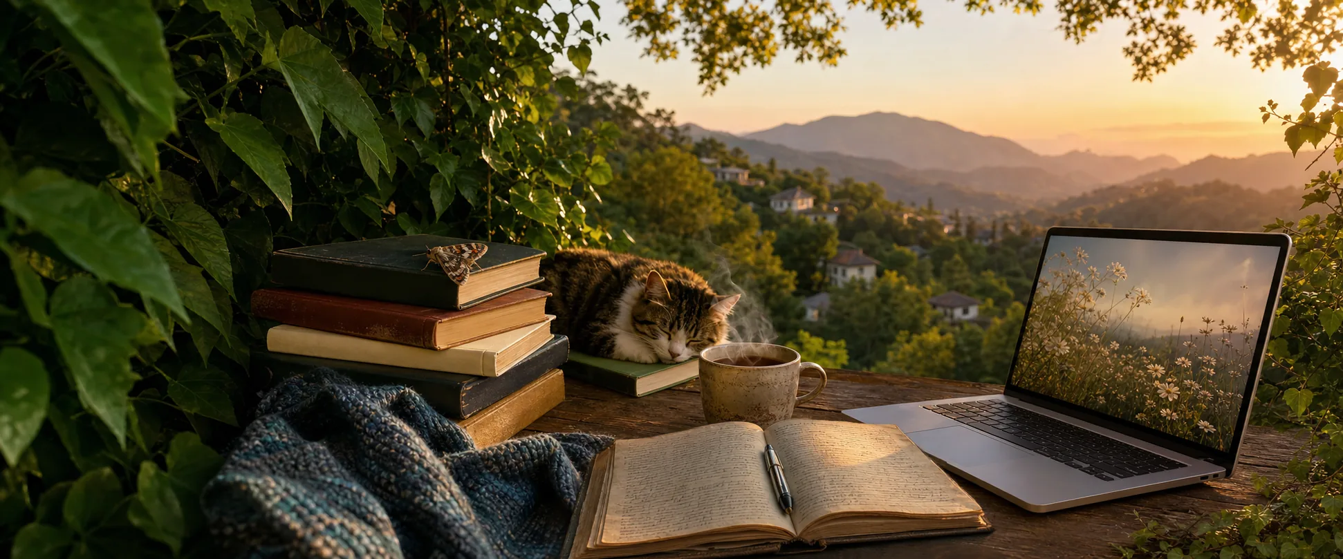 A wooden desk on a mountainside at golden hour, overlooking a forested valley and misty mountains. An open journal with handwritten notes and a pencil lies in the foreground on a teal knitted blanket. Beside it a stack of weathered books in black, burgundy, cream and gold leans at an angle, and a tabby and white cat rests on its own book next to the stack. A ceramic mug sits nearby, and a laptop shows a field of wildflowers. Ivy frames both sides, with sunlight filtering through dappled foliage overhead.