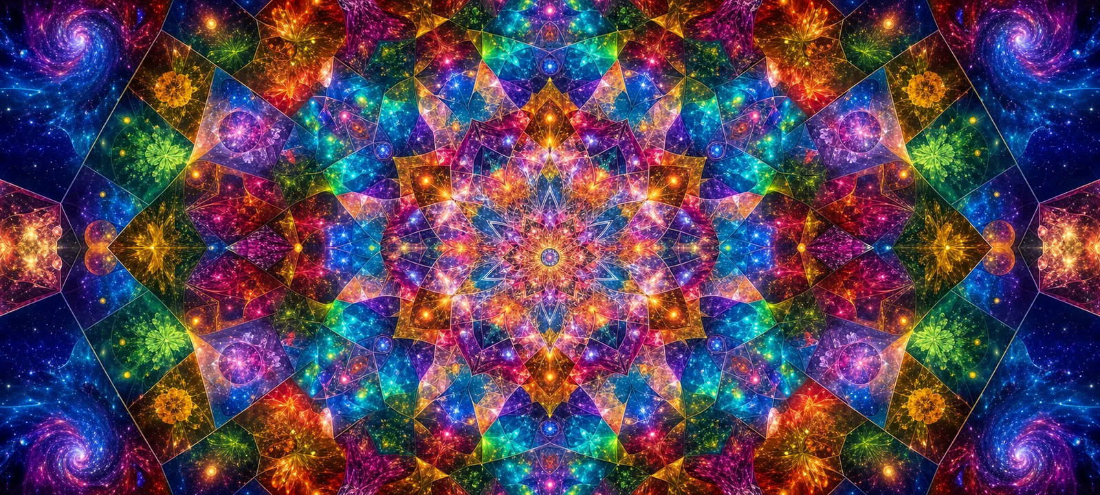 Vibrant digital mandala with perfect radial symmetry, featuring brilliant colors—hot orange, magenta, cyan, lime green, and deep purple—arranged in a kaleidoscopic pattern. The center radiates outward with star-burst shapes and intricate geometric tessellations. Glowing spheres and particle effects create depth, with elaborate fractal-like details repeating toward the edges. Bright, energetic bursts of light punctuate the composition throughout. The background transitions from deep blue to black at the edges, emphasizing the luminous center. The overall impression is one of cosmic harmony, spiritual energy, and infinite complexity.